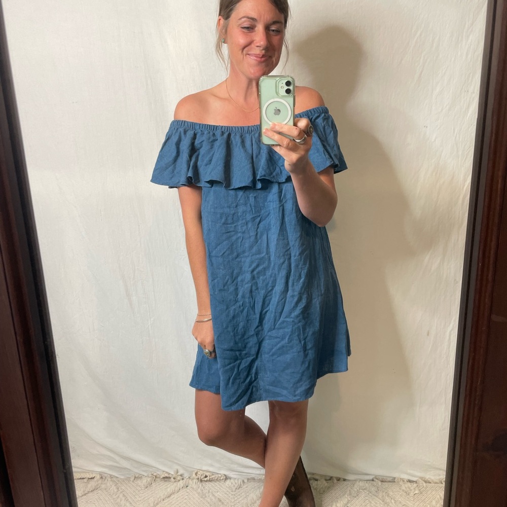 Madewell ruffle on or off the shoulder pretty Blue Dress